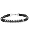 Effy Collection Effy Men's Black Spinel Woven Black Leather Bracelet (1/6 Ct. T.w.) In Sterling Silver In Sterling Silver