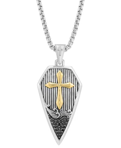 Effy Collection Effy Men's Black Zircon (1/8 Ct. T.w.) Cross Shield 22" Pendant Necklace In Sterling Silver & 18k Ye