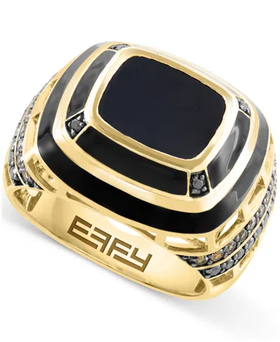 Effy Collection Effy Men's Onyx & Black Diamond (1/4 Ct. T.w.) & Espresso Diamond (1/3 Ct. T.w.) Ring In 14k Gold In Yellow Gol