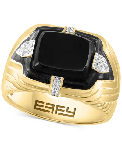Effy Collection Effy Men's Onyx & Diamond (1/10 Ct. T.w.) Ring In Gold-plated Sterling Silver In K Yellow