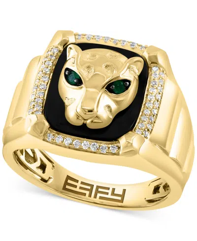 Effy Collection Effy Men's Onyx, Diamond (1/5 Ct. T.w.) & Emerald (1/20 Ct. T.w.) Panther Signet Ring In 14k Gold In Yellow Gol