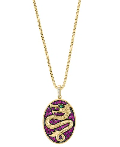 Effy Collection Effy Men's Ruby (1 Ct. T.w.), Tsavorite Accent, & Diamond Accent Dragon Oval Disc 22" Pendant Neckla In Yellow Gol
