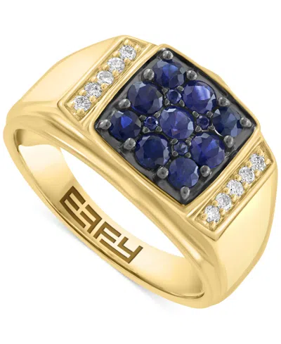 Effy Collection Effy Men's Sapphire (1-1/10 Ct. T.w.) & Diamond (1/8 Ct. T.w.) Cluster Ring In 14k Gold In Blue