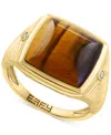 Effy Collection Effy Men's Tiger Eye & Diamond Accent Cushion Textured Ring In 14k Gold In Gold