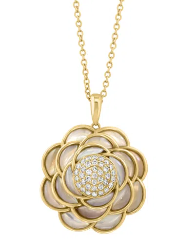 Effy Collection Effy Mother Of Pearl & Diamond (1/5 Ct. T.w.) Flower Pendant Necklace In 14k Gold, 17" + 1" Extender