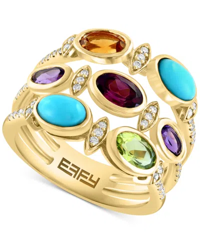Effy Collection Effy Multi-gemstone (1-5/8 Ct. T.w.), Turquoise, & Diamond (1/5 Ct. T.w.) Triple Row Statement Ring In Yellow Gol