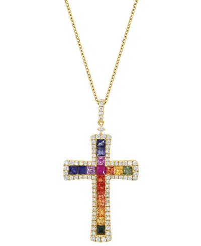 Effy Collection Effy Multi-sapphire (1-3/4 Ct. T.w.) & Diamond (5/8 Ct. T.w.) Cross Pendant Necklace In 14k Gold, 18 In Multi Gemstone