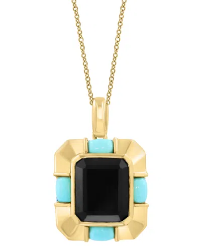 Effy Collection Effy Onyx (12x10mm) & Turquoise (3x5mm) Pendant Necklace In 14k Gold-plated Silver, 17" + 1" Extende In Multi