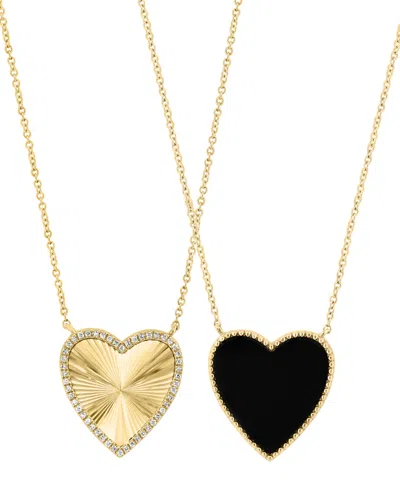Effy Collection Effy Onyx & Diamond (1/10 Ct. T.w.) Heart Reversible 18" Pendant Necklace In 14k Gold In Yellow Gol