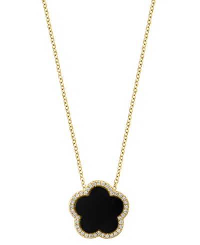 Effy Collection Effy Onyx & Diamond (1/6 Ct. T.w.) Flower Halo 18" Pendant Necklace In 14k Gold In Yellow Gold