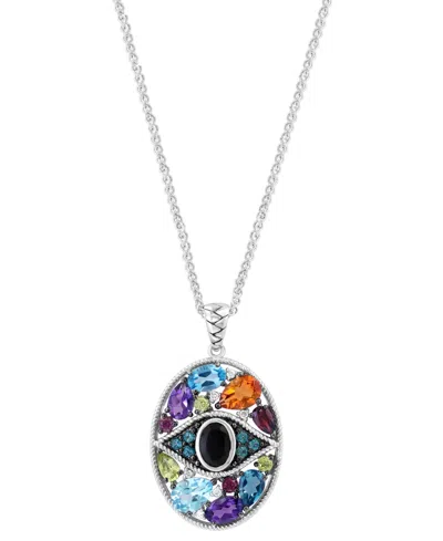 Effy Collection Effy Onyx, Multi-gemstone (4-5/8 Ct. T.w.) & Diamond (1/20 Ct. T.w.) Evil Eye Cluster 18" Pendant Ne In Sterling Silver