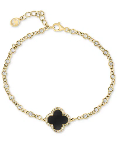 Effy Collection Effy Onyx, White Topaz (1 Ct. T.w.) & Diamond (1/8 Ct. T.w.) Clover Link Bracelet In 14k Gold In Yellow Gol