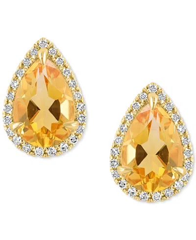 Effy Collection Effy Pear-shape Citrine (2-5/8 Ct. T.w.) & Diamond (1/6 Ct. T.w.) Halo Stud Earrings In 14k Yellow G