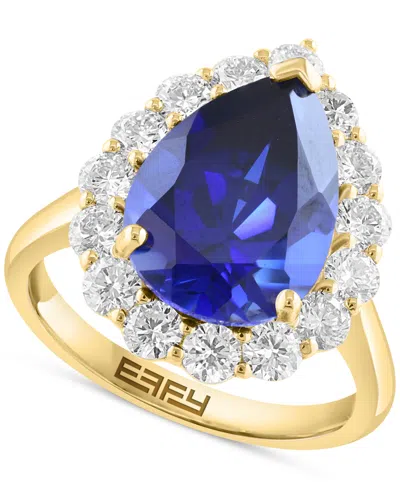 Effy Collection Effy Pear-shape Lab Grown Emerald (4-1/5 Ct. T.w.) & Lab Grown Diamond (1-1/3 Ct. T.w.) Halo Ring In In Blue