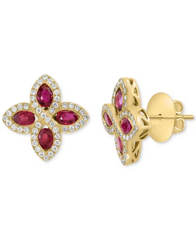 Effy Collection Effy Ruby (1-7/8 Ct. T.w.) & Diamond (1/2 Ct. T.w.) Flower Stud Earrings In 14k Gold