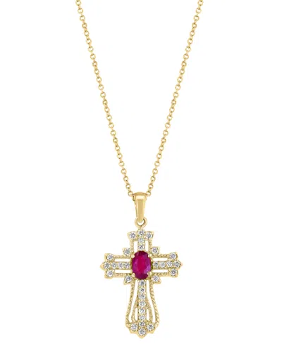 Effy Collection Effy Ruby (1/2 Ct. T.w.) & Diamond (1/2 Ct. T.w.) Openwork Cross 18" Pendant Necklace In 14k Gold In Yellow Gol