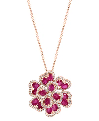 EFFY COLLECTION EFFY RUBY (3-3/4 CT. T.W.) & DIAMOND (5/8 CT. T.W.) FLOWER 18"PENDANT NECKLACE IN 14K ROSE GOLD