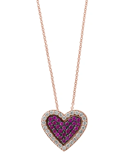 Effy Collection Effy Ruby (3/8 Ct. T.w.) & Diamond (1/3 Ct. T.w.) Heart Halo Cluster 18" Pendant Necklace In 14k Ros In K Rose Gold