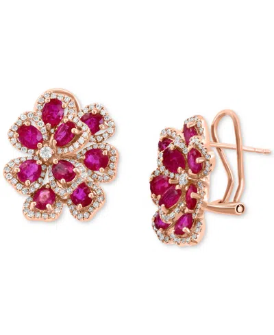 Effy Collection Effy Ruby (4-1/4 Ct. T.w.) & Diamond (7/8 Ct. T.w.) Flower Statement Earrings In 14k Rose Gold In Brown