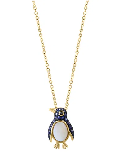 Effy Collection Effy Sapphire (1/3 Ct. T.w), Opal (1/2 Ct. T.w.) & Black Diamond Accent Penguin 18" Pendant Necklace In Yellow Gold