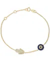 Effy Collection Effy Sapphire (1/8 Ct. T.w.) & Black And White Diamond (1/5 Ct. T.w.) Hamsa Hand & Evil Eye Link Bra In Yellow Gol