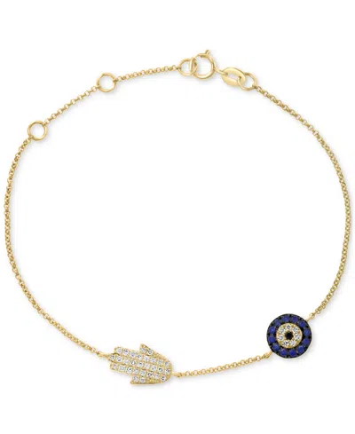 Effy Collection Effy Sapphire (1/8 Ct. T.w.) & Black And White Diamond (1/5 Ct. T.w.) Hamsa Hand & Evil Eye Link Bra In Yellow Gol