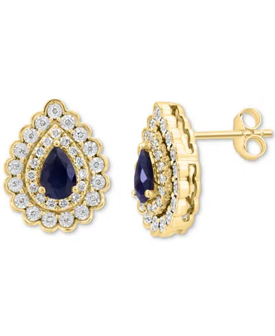 Effy Collection Effy Sapphire (7/8 Ct. T.w.) & Diamond (3/8 Ct. T.w.) Double Halo Pear Stud Earrings In 14k Two Tone In Gold