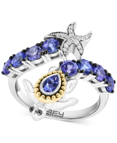Effy Collection Effy Tanzanite (1-3/8 Ct. T.w.) & Diamond (1/20 Ct. T.w.) Starfish & Sea Turtle Bypass Ring In Sterl In Yellow Gol