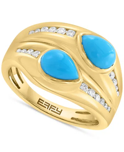 Effy Collection Effy Turquoise (5x7mm) & Diamond (1/4 Ct. T.w.) Statement Ring In 14k Yellow Gold In Blue