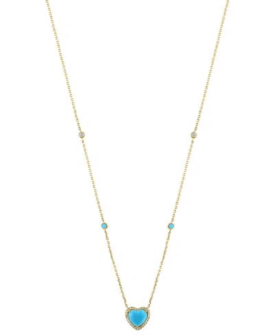Effy Collection Effy Turquoise & Diamond (1/6 Ct. T.w.) Heart Halo Pendant Necklace In 14k Gold, 16" + 2" Extender In Blue