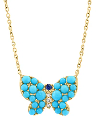 Effy Collection Effy Turquoise, Sapphire Accent, & Diamond Accent Butterfly Pendant Necklace In 14k Gold, 17" + 1" E In Multi Stone