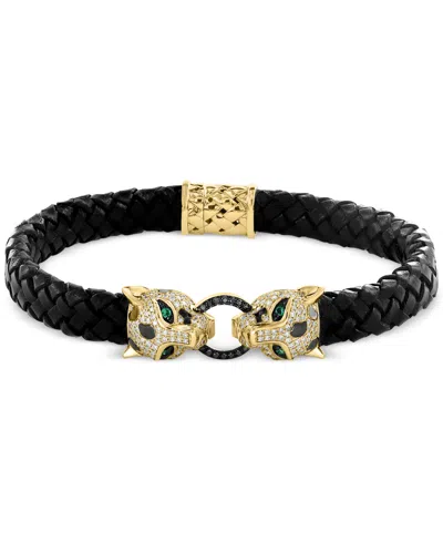 Effy Collection Effy White Diamond & Black Diamond (7/8 Ct. T.w.) & Emerald (1/20 Ct. T.w.) Panther Head Leather Bra In 14k Gold