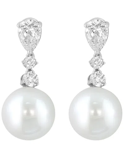 Effy Collection Freshwater Pearl (10mm) And Lab Grown Diamond Earrings (1-1/3 Ct. T.w.) In 14k White Gold In Silver