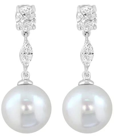 Effy Collection Freshwater Pearl (10mm) And Lab Grown Diamond Earrings (3/4 Ct. T.w.) In 14k White Gold In Silver