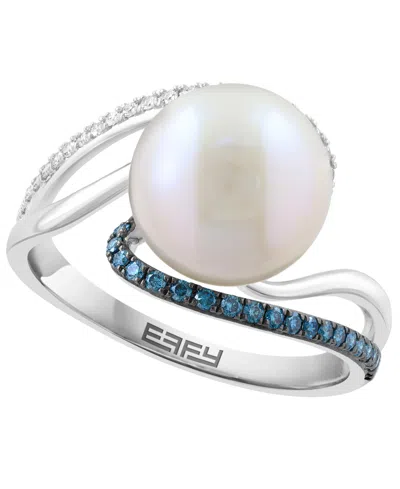 Effy Collection Freshwater Pearl (10mm), White Diamond (1/10 Ct. T.w.) & Blue Diamond (1/8 Ct. T.w.) Ring In 14k Whi In Gold