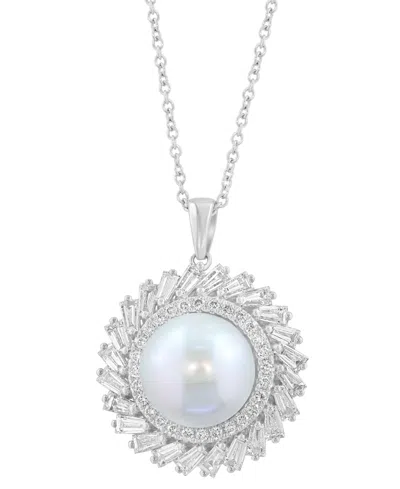 Effy Collection Freshwater Pearl (11mm) And Lab Grown Diamond Pendant Necklace (1-3/8 Ct. T.w.) In 14k White Gold In Silver