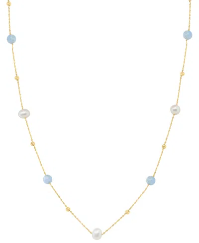 Effy Collection Freshwater Pearl (6.5mm) And Aquamarine Necklace (5-7/9 Ct. T.w.) In 14k Yellow Gold