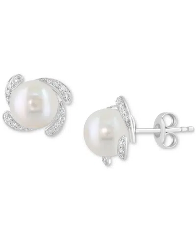 Effy Collection Freshwater Pearl (8mm) & Diamond Earrings (1/10 Ct. T.w.) In Sterling Silver