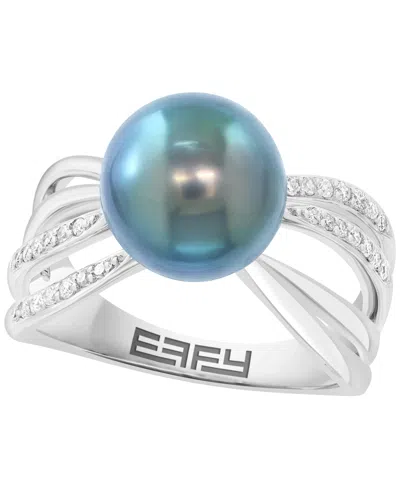 Effy Collection Tahitian Pearl (10-11mm) And Diamond Ring (1/6 Ct. T.w.) In Sterling Silver In Metallic