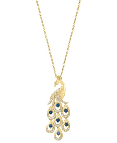Effy Collection White Diamond (1/3 Ct. T.w.) And Blue Diamond (1/3 Ct. T.w.) Peacock Pendant Necklace In 14k Yellow  In Gold