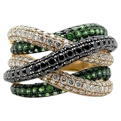Pre-owned Effy Contemporary Diamond Black Diamond Tsavorite Garnet 14k Gold Cocktail Ring