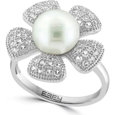 Effy Cultured Pearl White Topaz Flower Ring In Metallic