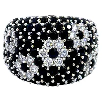 Pre-owned Effy Dark Blue Sapphire And Diamond Flower Wide Band Ring 14k White Gold