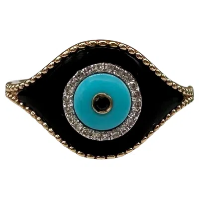 Pre-owned Effy Designer  Diamond Onyx Turquoise Evil Eye Ring 14kt Gold Nwt In Black