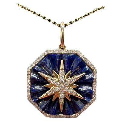 Pre-owned Effy Designer  Diamond Star Lapis Pendant Necklace 14kt Gold 0.31ctw Nwt In Multi