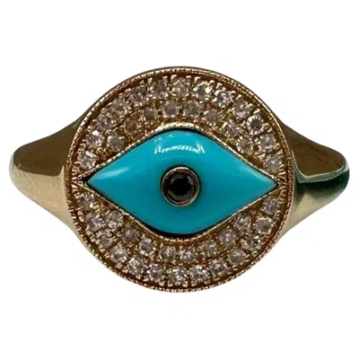 Pre-owned Effy Designer  Diamond Turquoise Ring 14kt Yellow Gold Size 7 Nwt