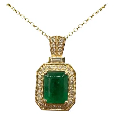 Pre-owned Effy Designer  Emerald Diamond Pendant Necklace 14kt Gold 1.42ct Nwt In Green