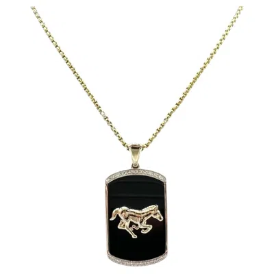 Pre-owned Effy Designer  Mens Onyx Diamond Horse Pendant 14kt Gold 22in Nwt In Black