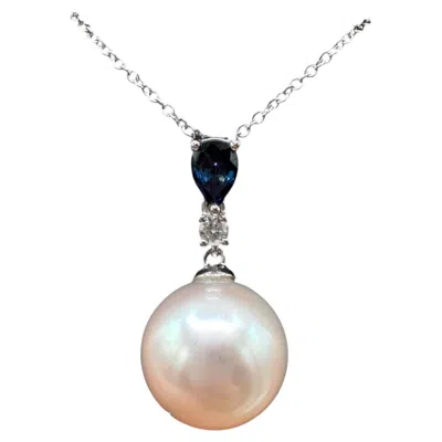 Pre-owned Effy Designer  Pearl Sapphire Diamond Necklace 14kt White Gold Nwt