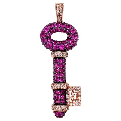 Pre-owned Effy Designer  Ruby And Diamond Open Key Gold Pendant Estate Fine Jewelry In Multi